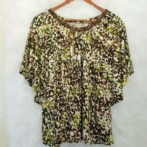 Laura Ashley, Printed Top Blouse with Beads, Bat Sleeves - Size M